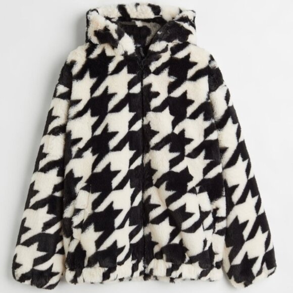 H&M Teddy Faux Fur Houndstooth Bomber Jacket, Size M - Picture 1 of 4